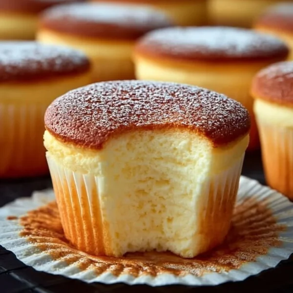 Fluffy Japanese cotton cheesecake cupcakes topped with cream and berries