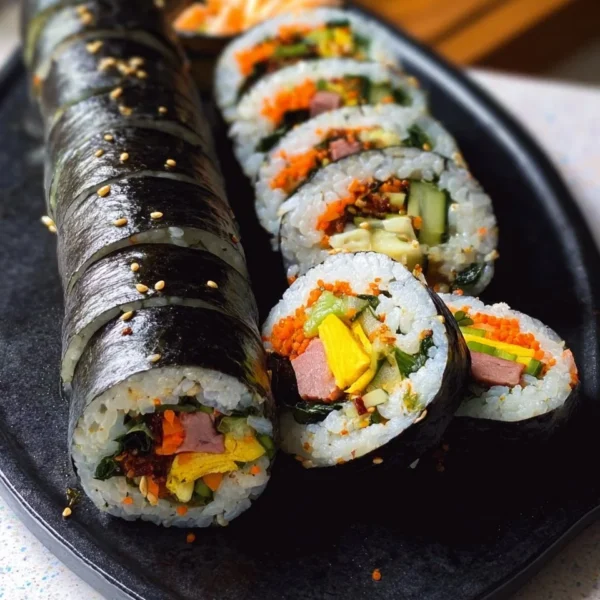 Kimbap Korean seaweed rice rolls filled with vegetables and proteins.