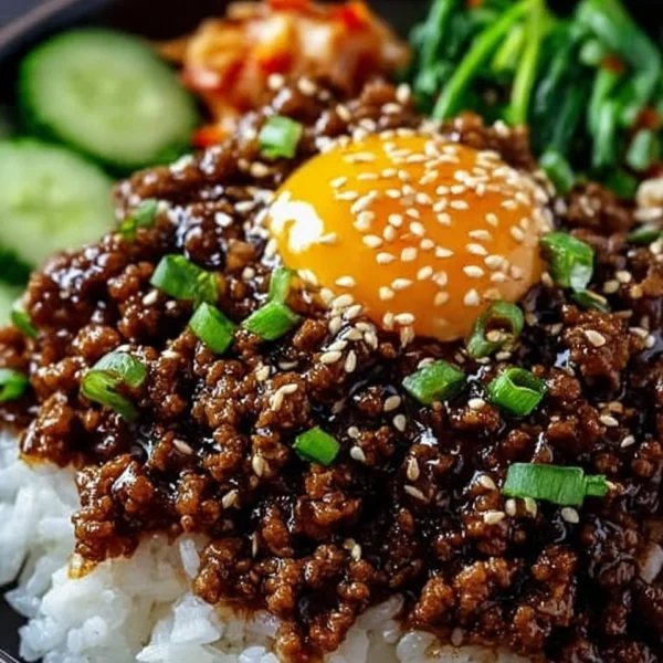 Delicious Korean Ground Beef Bowl topped with fresh vegetables and garnishes.