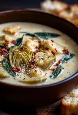 Bowl of Lemony Tuscan Artichoke Soup with fresh herbs and a lemon wedge