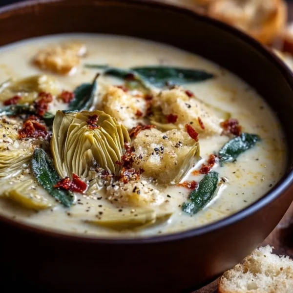 Bowl of Lemony Tuscan Artichoke Soup with fresh herbs and a lemon wedge