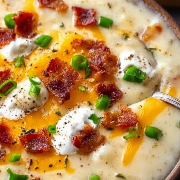 Delicious loaded potato soup topped with cheese and bacon