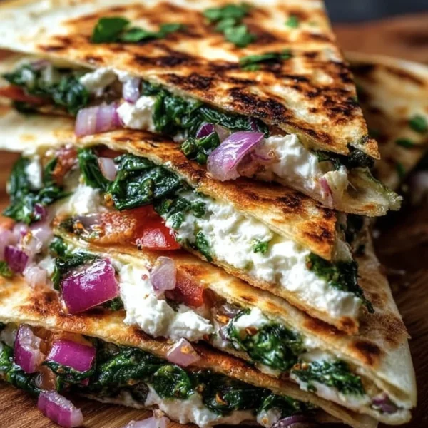 Mediterranean Quesadillas with spinach, feta, mozzarella, and red onion on a plate.