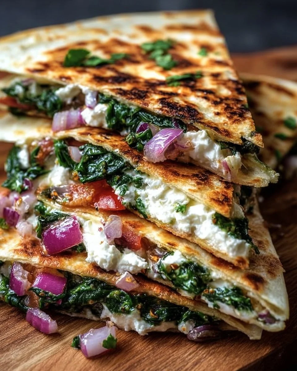 Mediterranean Quesadillas with Spinach, Feta, Mozzarella, and Red Onion