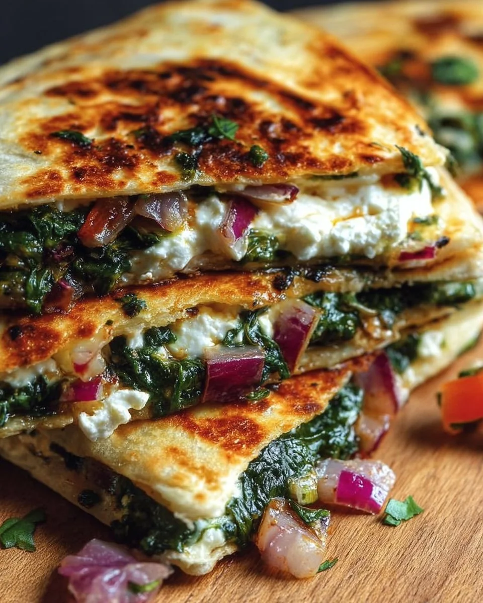 Mediterranean Quesadillas with Spinach, Feta, Mozzarella, and Red Onion