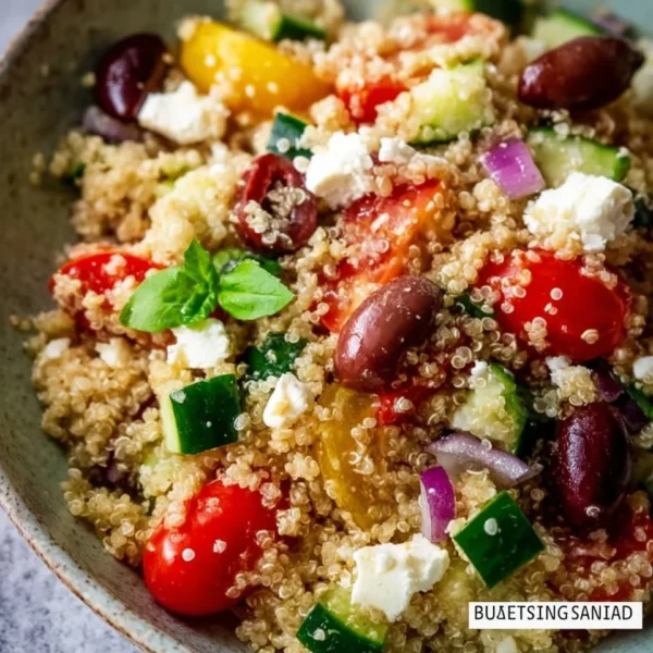 Mediterranean quinoa salad with fresh vegetables and herbs