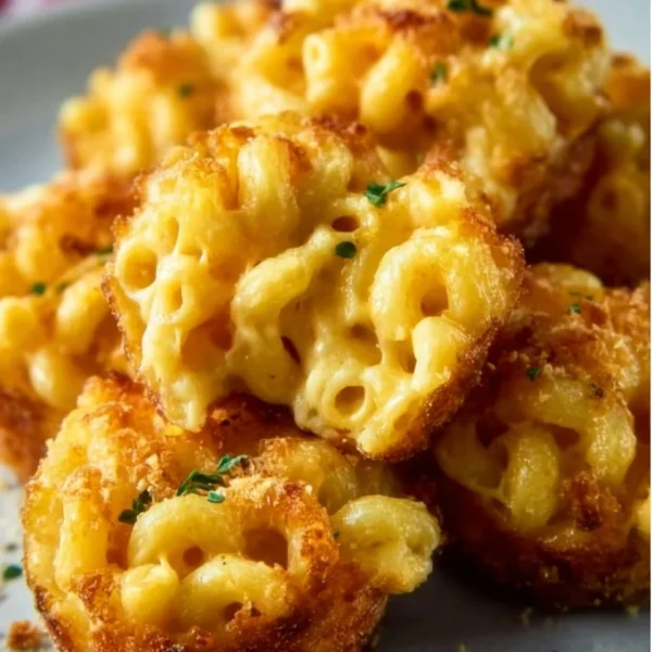 Mini macaroni and cheese bites served on a platter