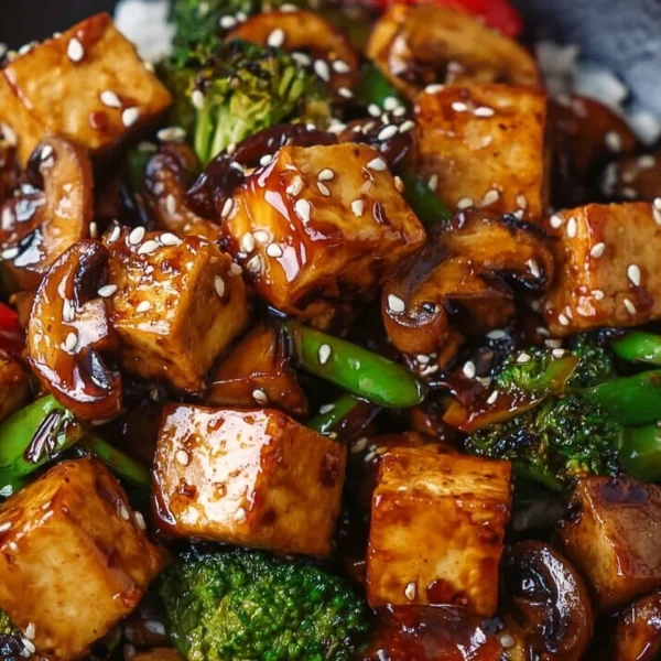 Colorful Mushroom and Tofu Stir-Fry in a bowl with fresh vegetables and herbs