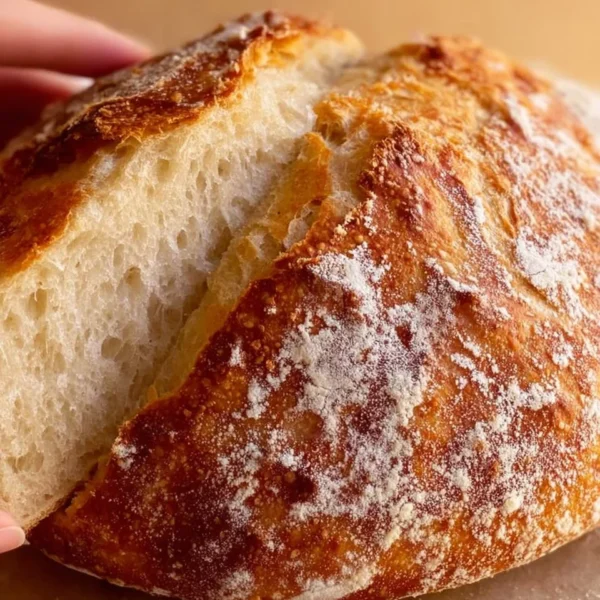 Freshly baked no knead bread loaf resting on a wooden cutting board