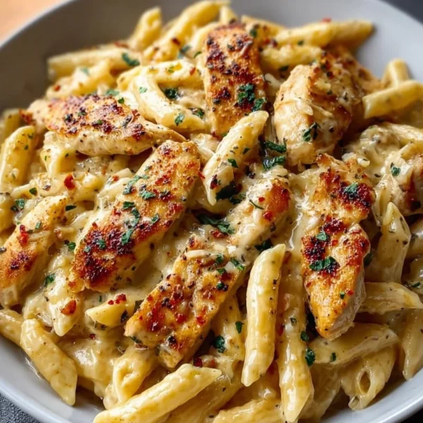 One Pan Garlic Parmesan Chicken Pasta ready to serve with fresh herbs.