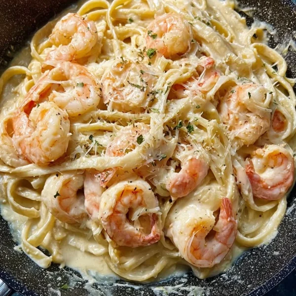 One pan shrimp fettuccine alfredo garnished with parsley