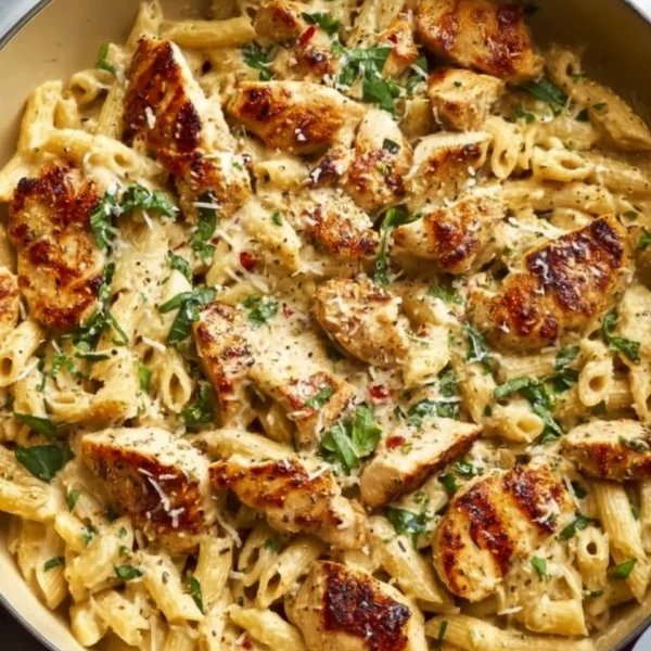 One Pot Creamy Parmesan Chicken Pasta dish prepared with fresh ingredients