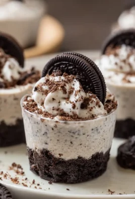 Delicious Oreo no-bake cheesecake cups topped with crushed Oreos.