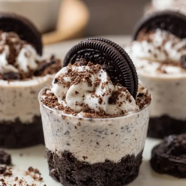 Delicious Oreo no-bake cheesecake cups topped with crushed Oreos.
