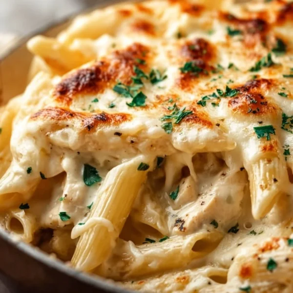 Oven-Baked Chicken Alfredo Pasta served in a bowl with cheese and parsley