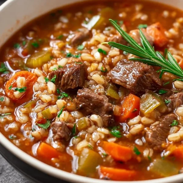 Bowl of hearty beef barley soup inspired by the Pioneer Woman recipe