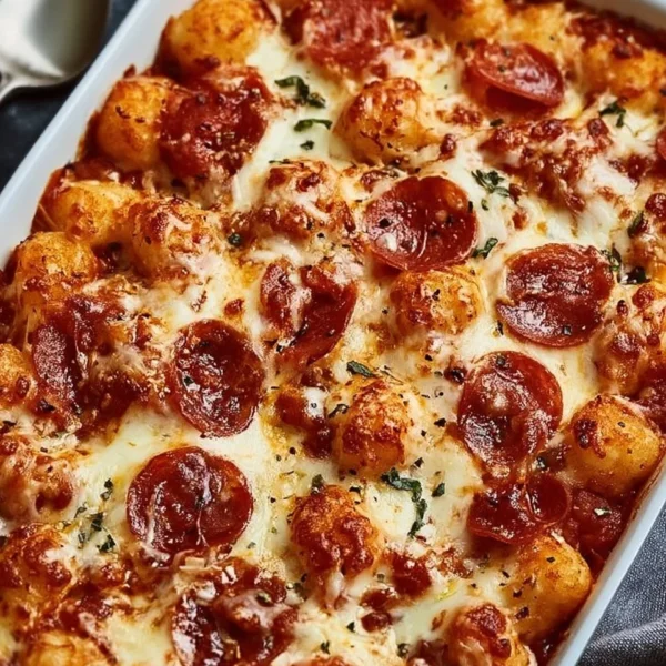 Slice of Pizza Tot Casserole with melted cheese and toppings
