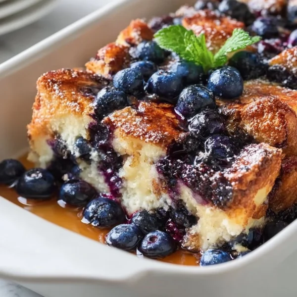 Delicious blueberry French toast casserole baked to perfection with fresh berries.