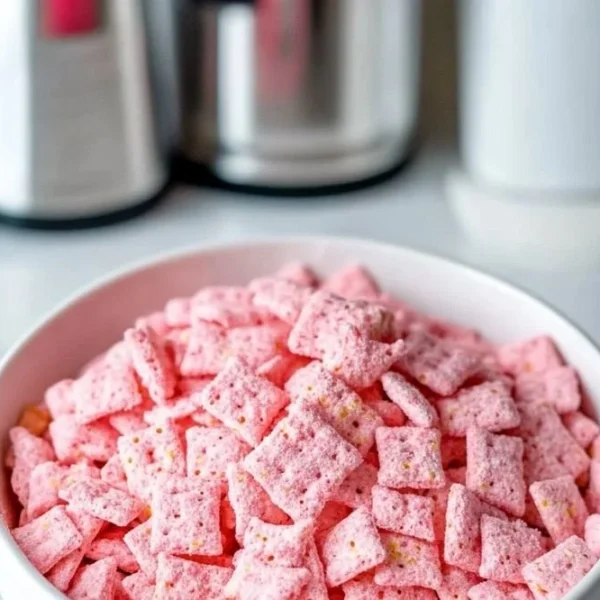 Quick strawberry shortcake puppy chow for a delightful snack.