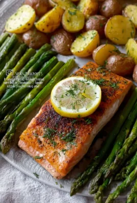 Salmon, potato, and asparagus cooked together on a sheet pan for a healthy meal.