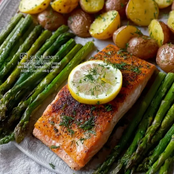Salmon, potato, and asparagus cooked together on a sheet pan for a healthy meal.