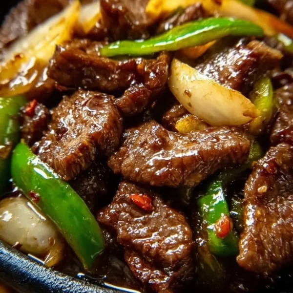 Sizzling Chinese pepper steak with onions served in a bowl