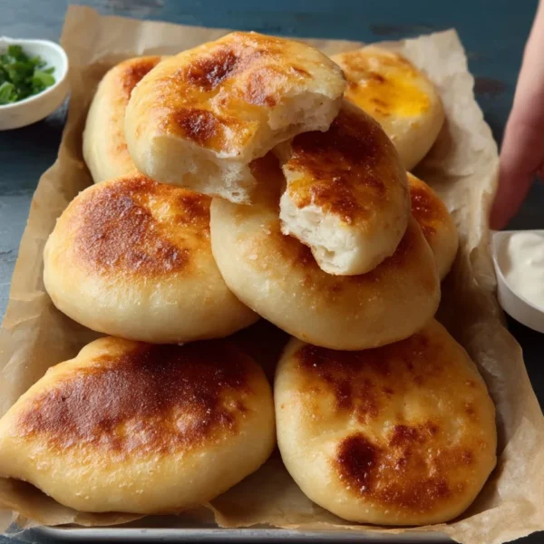 Soft fried buns on a wooden plate garnished with herbs