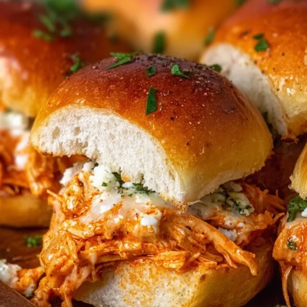 Spicy buffalo chicken sliders served on a platter with dipping sauce.