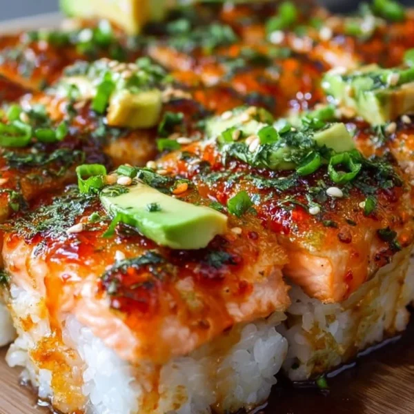 Spicy Salmon Sushi Bake dish prepared in a baking tray with garnishes.