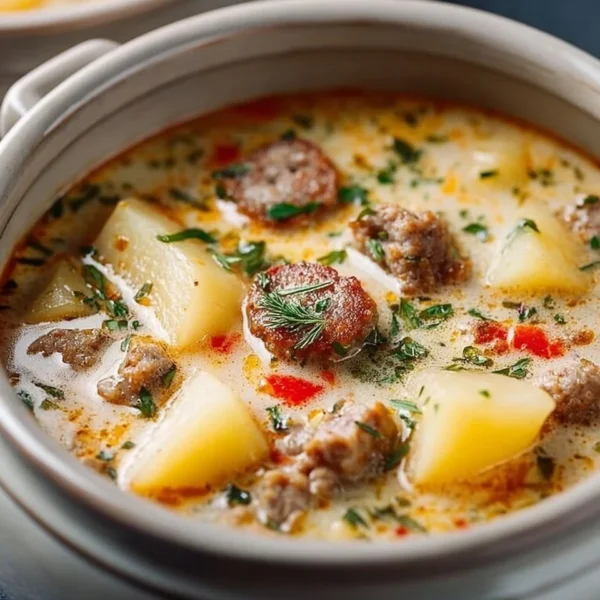 Delicious crockpot sausage potato soup in a bowl with fresh herbs