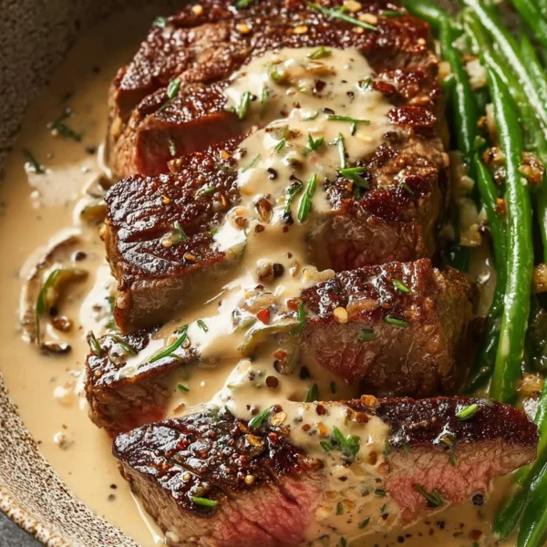 Delicious steak dinner with creamy garlic and peppercorn sauce on a plate