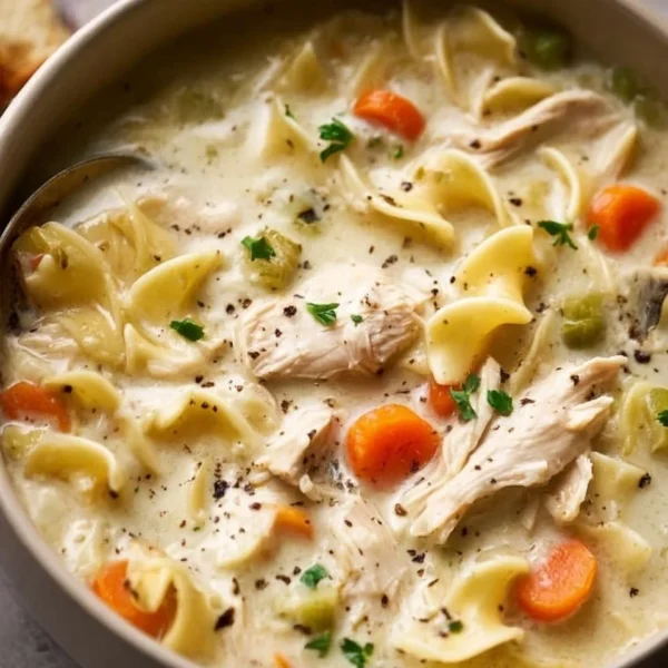 Bowl of creamy chicken noodle soup with vegetables and herbs