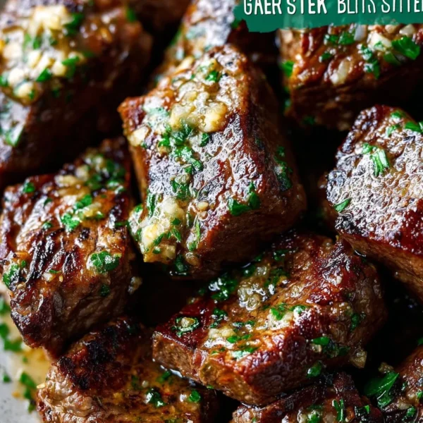 Delicious garlic butter steak bites served on a white plate