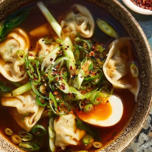 Delicious homemade Gyoza Soup served in a bowl with fresh ingredients