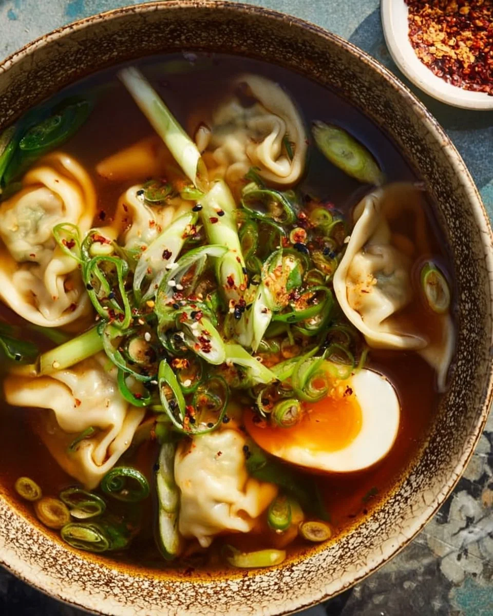 Delicious homemade Gyoza Soup served in a bowl with fresh ingredients