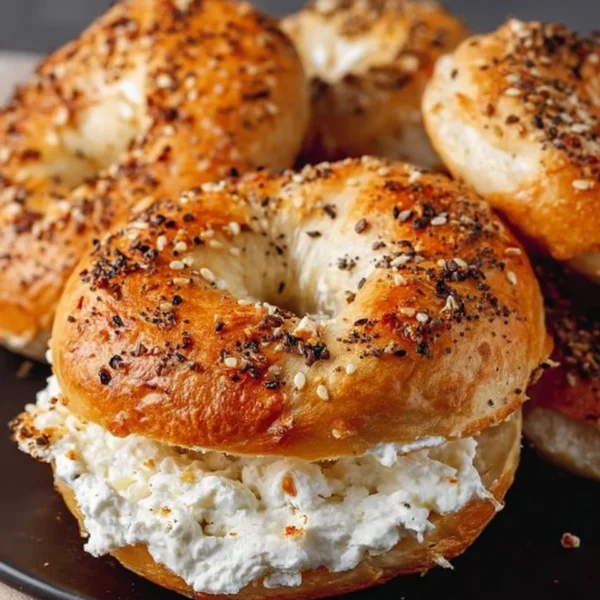 Homemade 3-ingredient cottage cheese bagels on a wooden board.