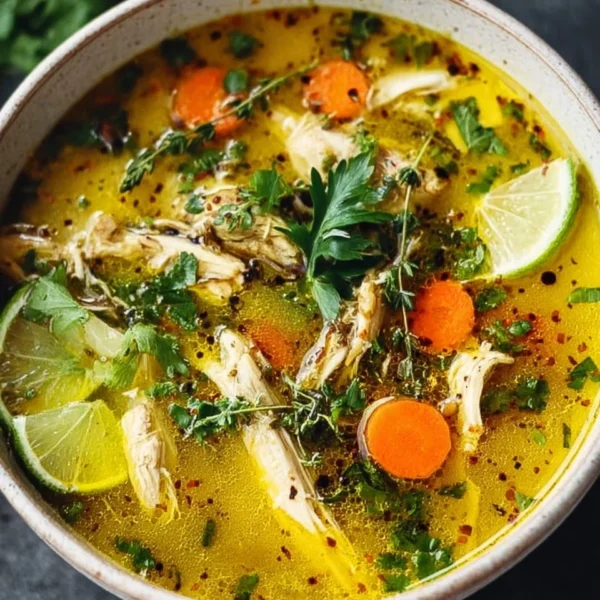 Bowl of anti-inflammatory turmeric chicken soup garnished with fresh herbs