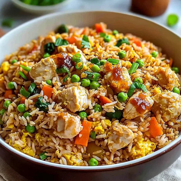Delicious Bang Bang Fried Rice garnished with fresh vegetables and herbs