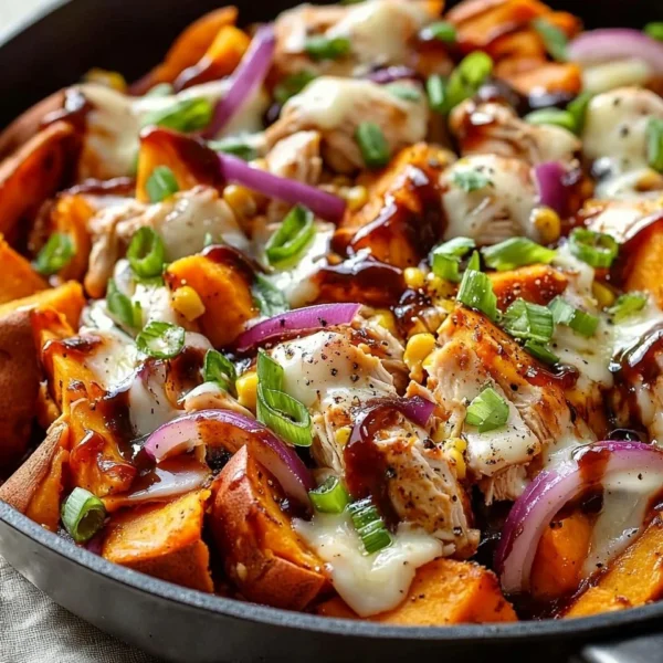 BBQ chicken sweet potato skillet in a cast iron pan