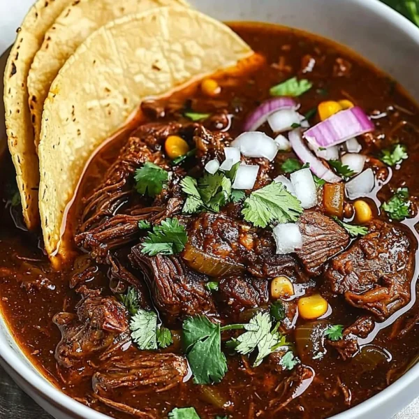 Delicious Beef Birria served with tortillas and garnishes