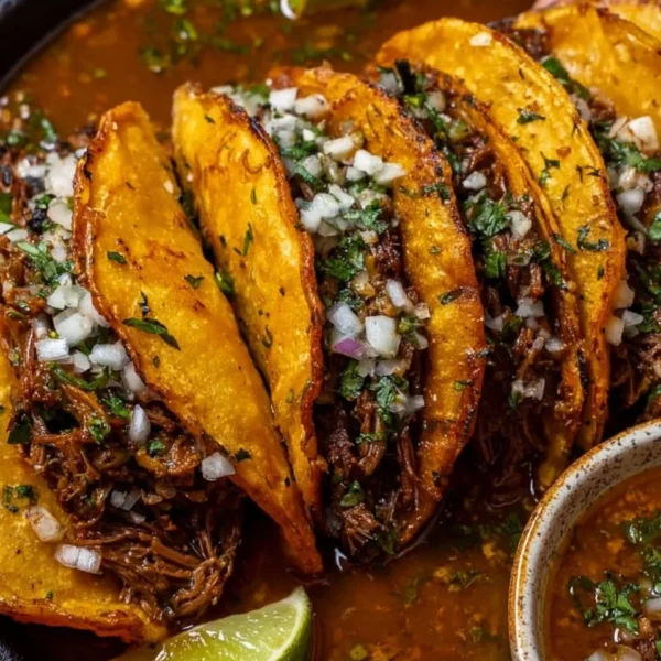Delicious Birria Tacos filled with tender meat and served with dipping sauce