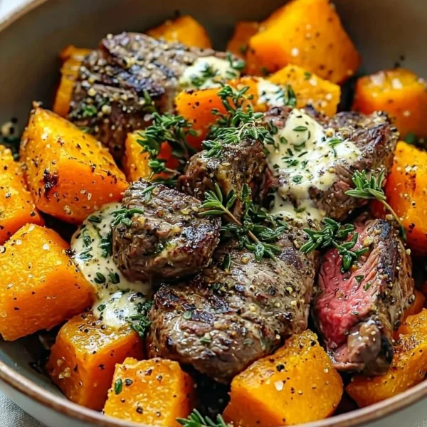 Butternut squash and garlic herb steak bowls with vibrant colors and textures