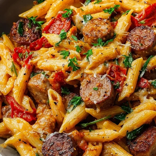 A delicious plate of Cajun Sausage Pasta with colorful ingredients