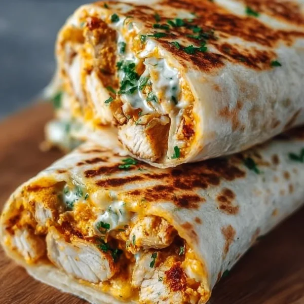 Cheesy garlic chicken wraps served on a plate with fresh vegetables