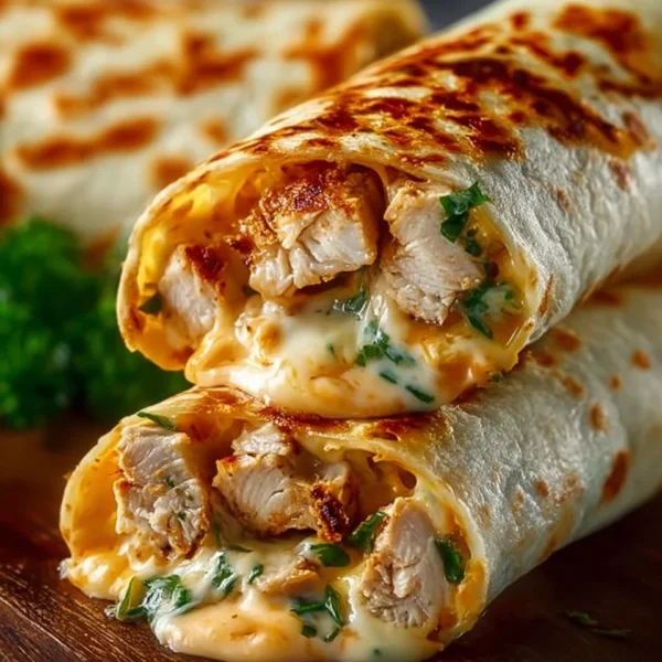 Cheesy garlic chicken wraps served on a plate with fresh ingredients