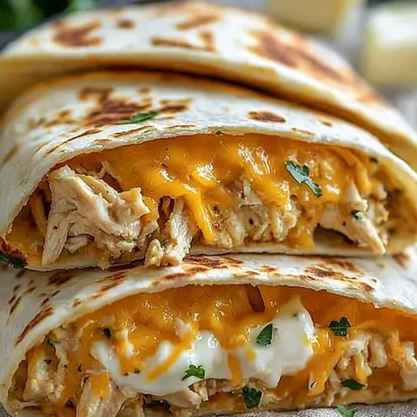Cheesy garlic chicken wraps on a wooden cutting board, garnished with herbs