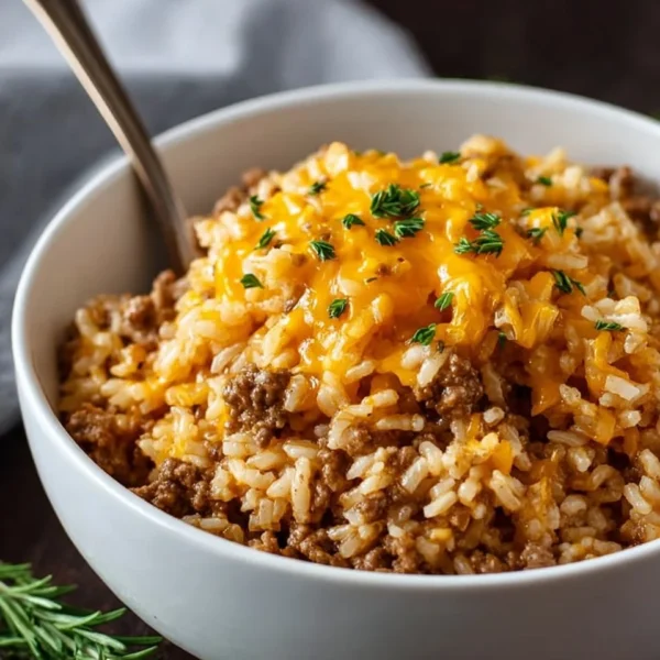 Cheesy Ground Beef and Rice Casserole served in a baking dish