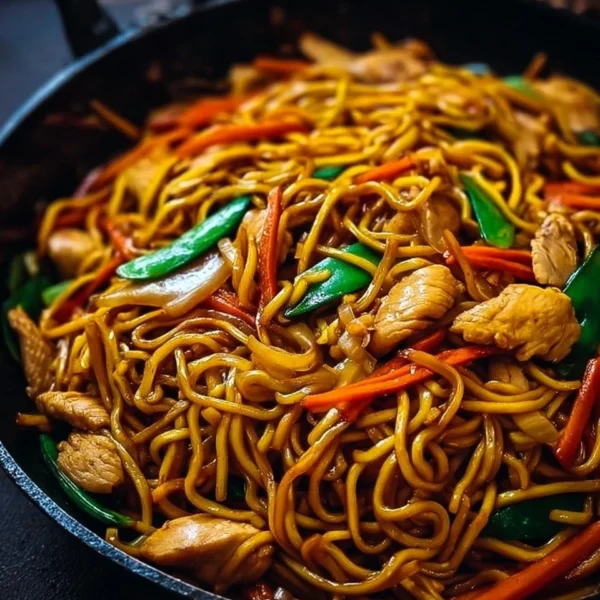Homemade Chicken Lo Mein recipe with colorful veggies and noodles