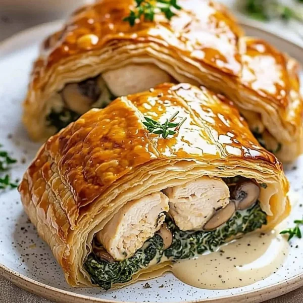 Chicken Wellington with Dijon cream sauce served on a plate