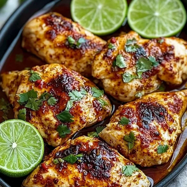 Delicious plate of Chili Lime Chicken garnished with fresh herbs and lime wedges.